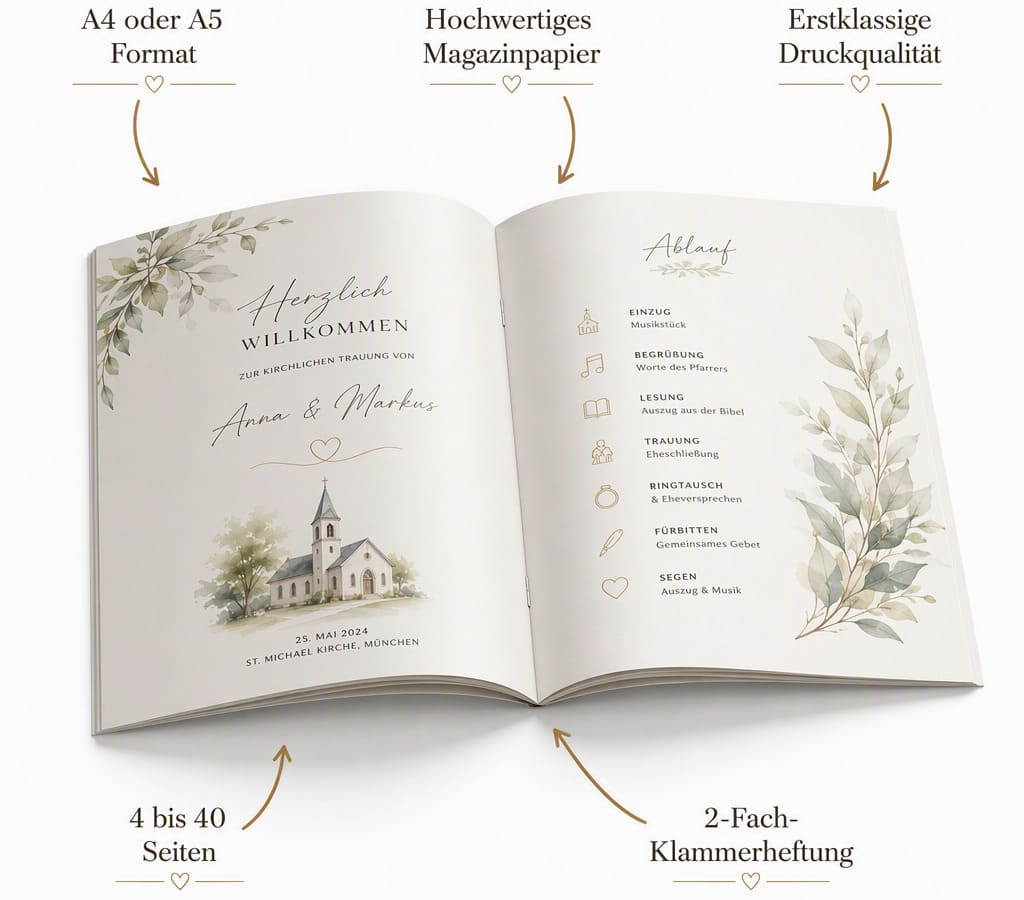 Produktdetails für personalisiertes und hochwertig gedrucktes Kirchenheft