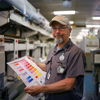 Mitarbeiter in Zeitungsdruckerei mit farbig bedrucktem Zeitungspapier