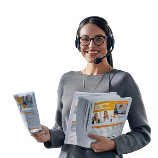 Sympathische Support-Mitarbeiterin mit einem Probedruck für Zeitungen in Kleinauflage