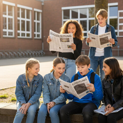 Schüler lesen auf dem Pausenhof voller Begeisterung eine Schülerzeitung
