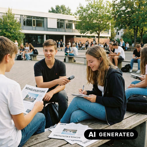 Schüler recherchieren auf dem Pausenhof Themen und Inhalte für eine Schülerzeitung