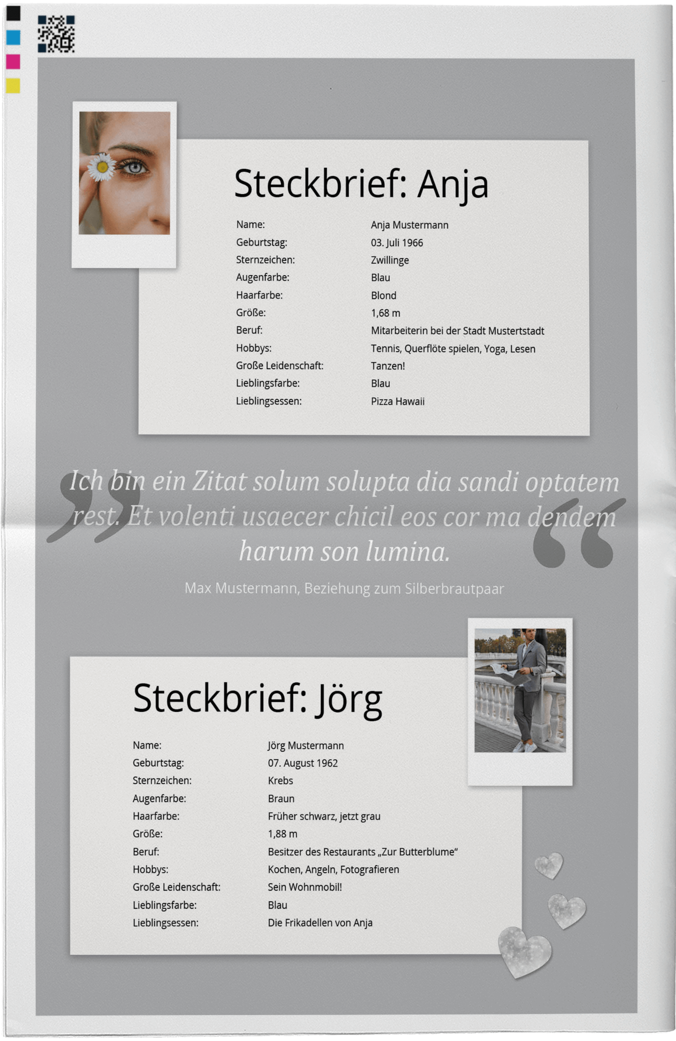 Beispiel für einen Steckbrief in einer Hochzeitszeitung zur Silbernen Hochzeit