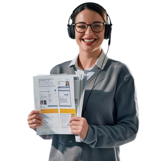 Freundliche Online-Support-Mitarbeiterin im Bereich Webshop für Zeitungsdruck und Magazindruck