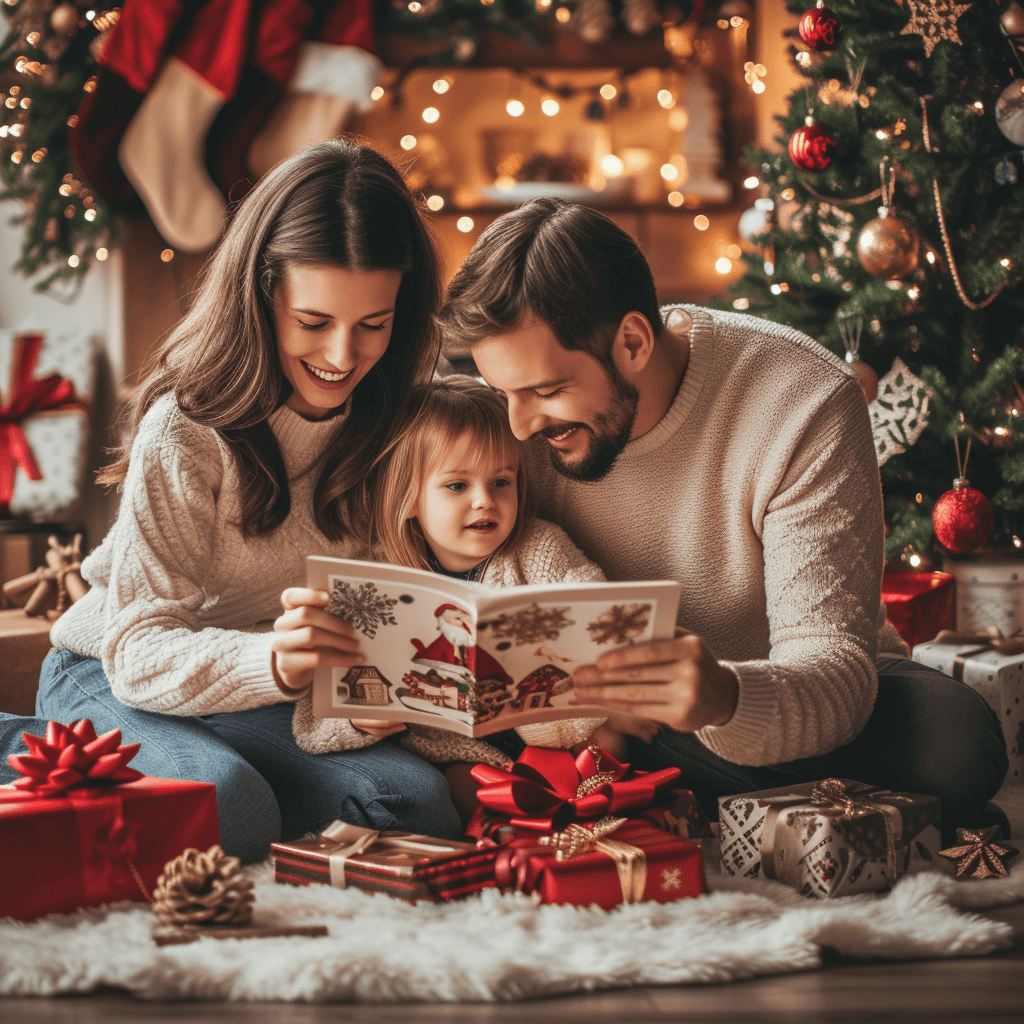 Family happy about personal Christmas photo book