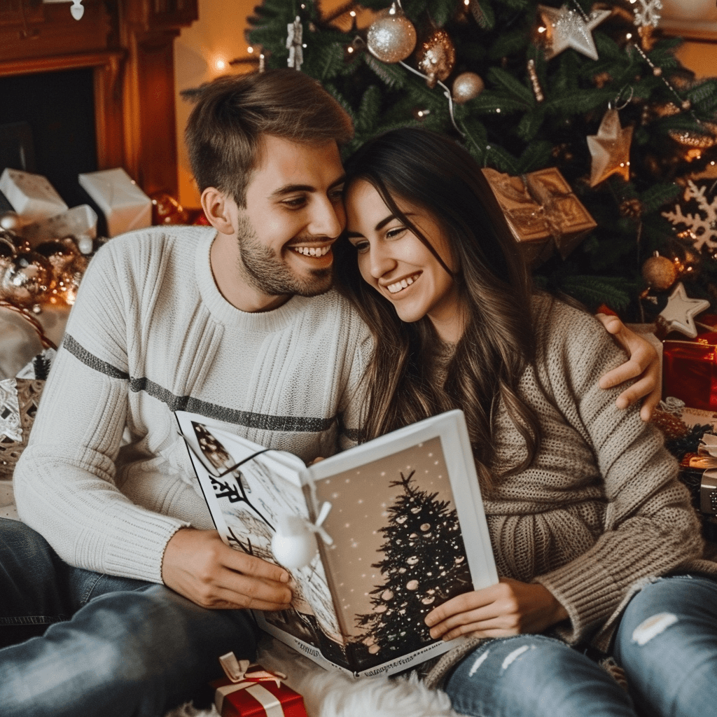 Liebespaar freut sich über persönliches Weihnachtsfotobuch