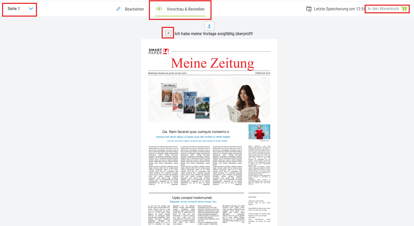Selbst gemachte Zeitung in Druckvorschau überprüfen