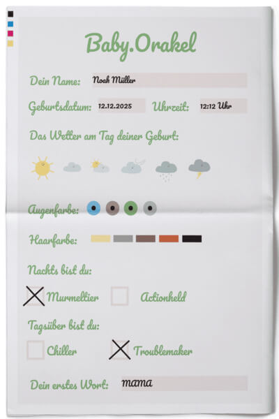 Editierbare Vorlage für Baby-Steckbrief und Orakel für Zeitung zur Geburt