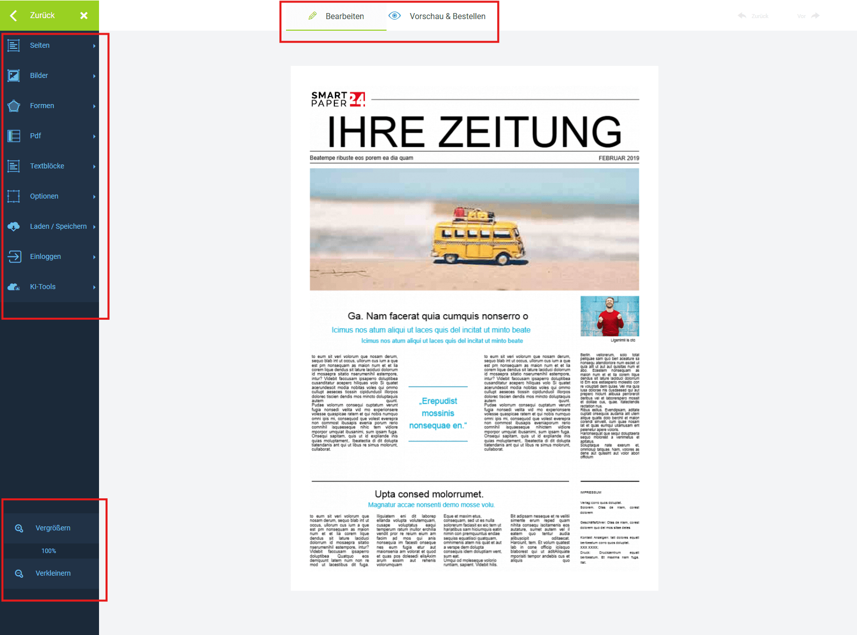 Zeitung im Online-Programm gestalten