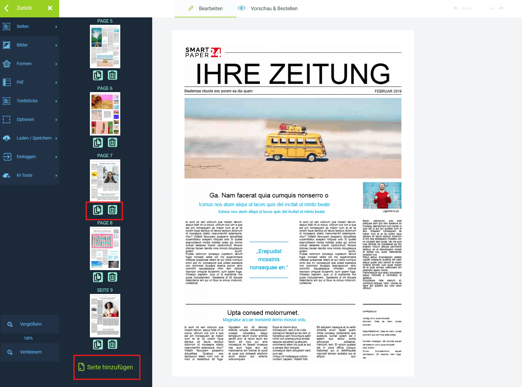 Zeitungsseiten online bearbeiten