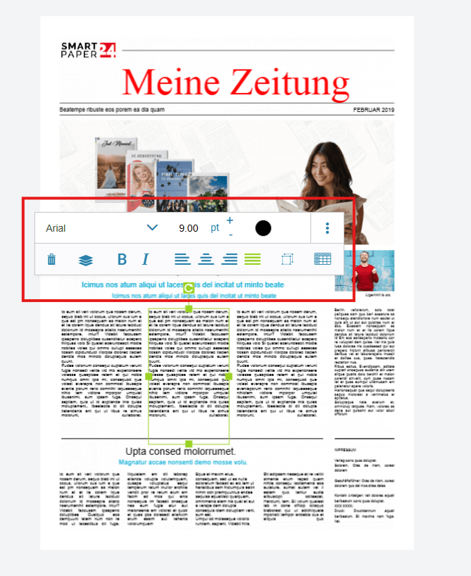 Texte im Online-Designer für Zeitungen bearbeiten