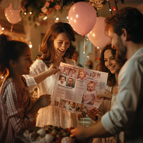 Familie und Freunde auf Babyparty mit gedruckter Zeitung zur Geburt als Andenken
