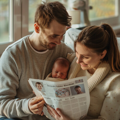 Glückliche Eltern mit Baby und Zeitung zur Geburt
