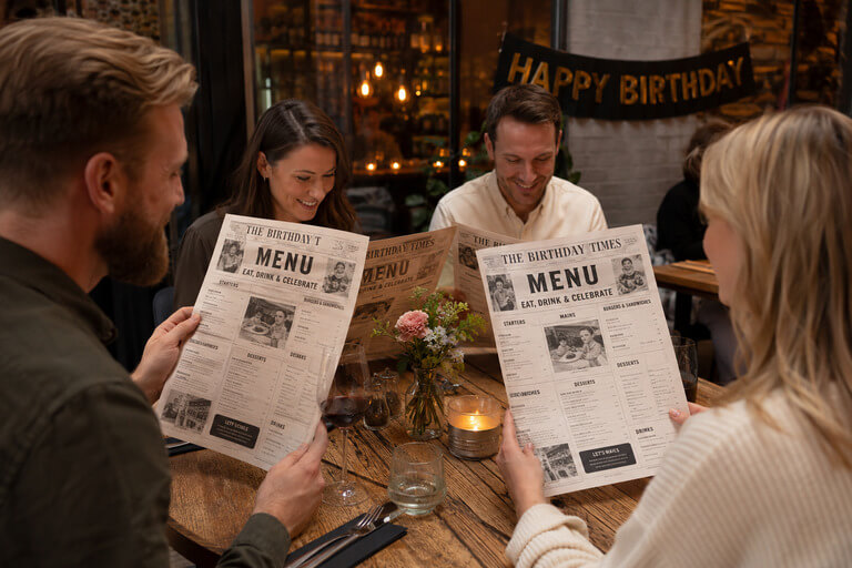 Des amis souriant avec une carte de menu au style d’un journal pour l’anniversaire