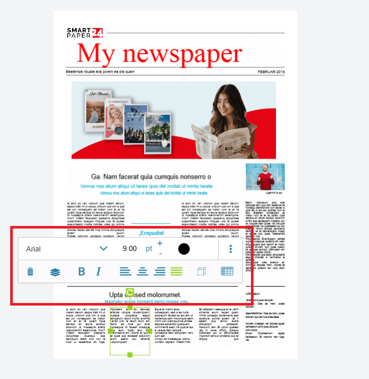 Edit text in online newspaper designer