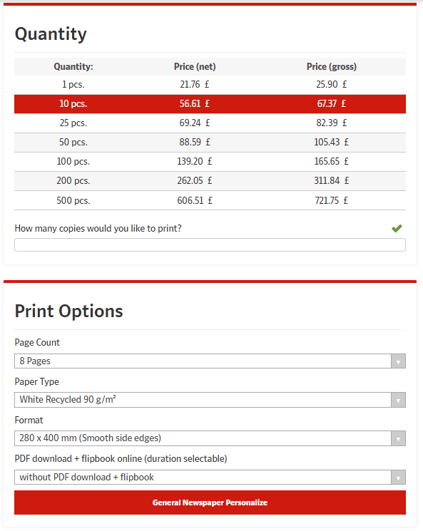 Select print options for personalised newspaper